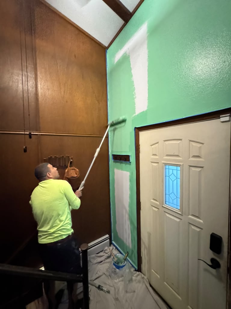 Living room accent wall mid-project, another angle